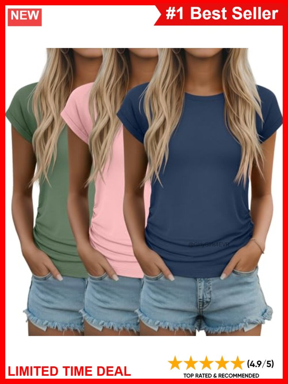 3 Pack Women's Cap Sleeve T-Shirts Side Ruched Crew Neck Short Sleeve Tops
